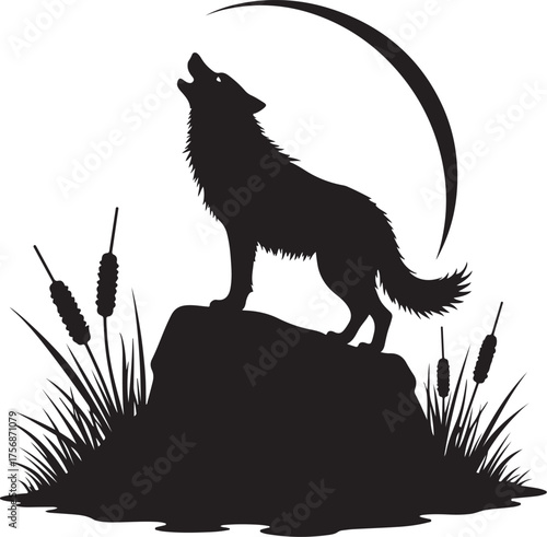 Black silhouette of a wolf howling on a rock with cattails and crescent moon