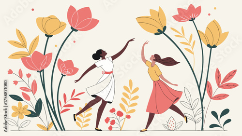 Diverse Women Dancing Joyfully among Colorful Flowers in Flat Illustration Style