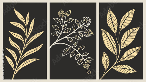 A set of three botanical illustrations featuring golden leaves and branches on a dark background, creating a modern and stylish aesthetic for wall art or design projects