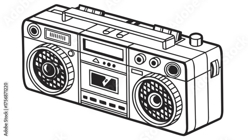 Retro boombox line art illustration vintage stereo, portable music player, 80s and 90s nostalgia, old school audio equipment design