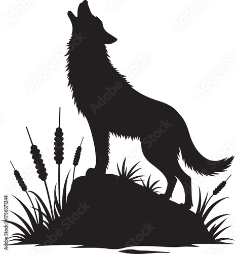 Black silhouette of a wolf howling on a rock with cattails