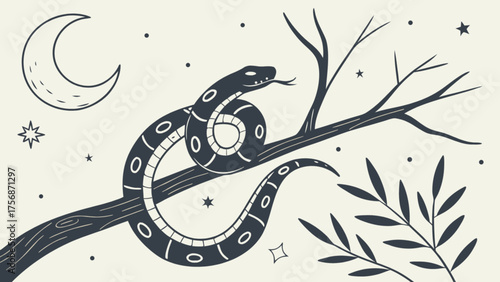 A snake coils around a branch under the moonlight, evoking a sense of mystery, nature, and symbolic representation in a stylized illustration