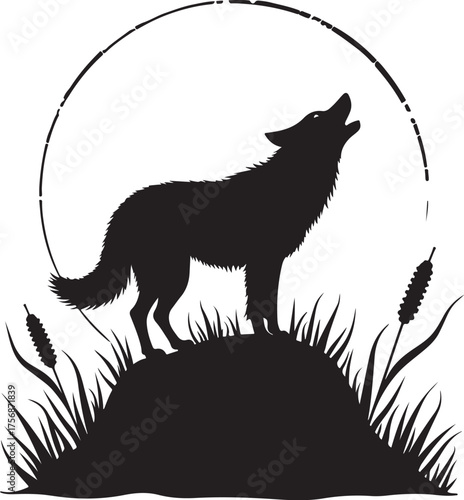 Black wolf howling on grassy hill under moon circle