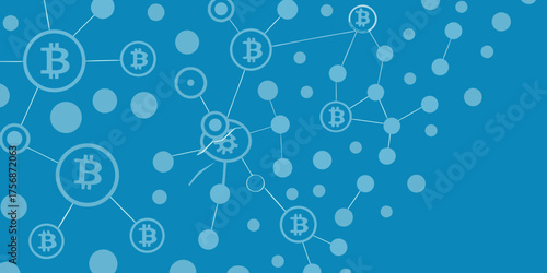 Abstract blue background with interconnected bitcoin symbols and nodes representing a digital network