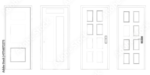 Collection of four different white interior doors with panel designs and door handles on a white background