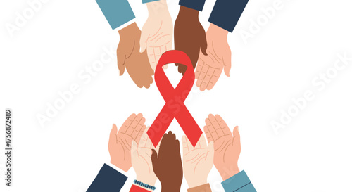 Promoting HIV Education United Hands Holding a Red Ribbon for Awareness