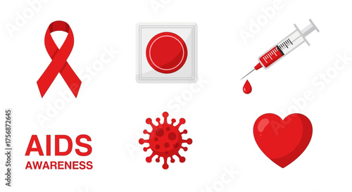 Vector icons for HIV and AIDS education, awareness, and prevention. Essential symbols red ribbon, condom, syringe, virus, and heart for public health