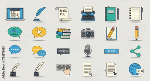 Collection of blogging and writing icons, featuring a laptop, quill, blog post, typewriter, notebook, speech bubble, books, camera, microphone, and keyboard