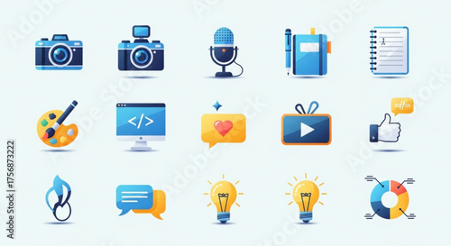 Set of social media and marketing icons, blogging and content creation, digital communication and online business