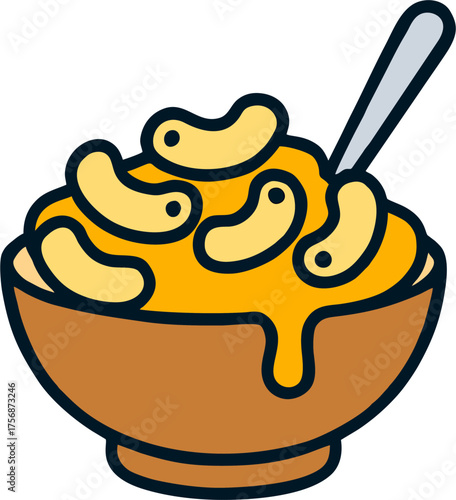 Cartoon Macaroni Cheese Bowl Vector Illustration, Creamy Cheesy Pasta with Spoon
