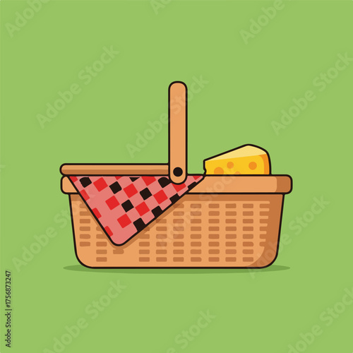 Picnic basket with cheese and checkered cloth vector illustration for outdoor dining isolated on gre