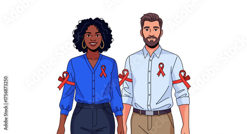 Illustrative depiction of diverse individuals with red ribbons, emphasizing the vital role of education in fostering awareness, support, and global health initiatives