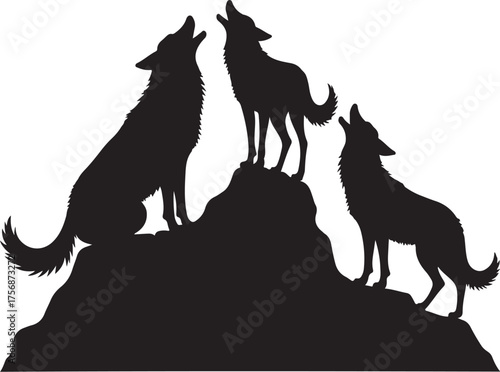Three black wolf silhouettes howling on rocky terrain