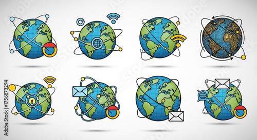 Set of hand drawn globe icons with communication symbols, global network connection and social media concept