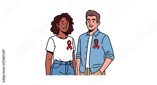 Supporting Education for AIDS Awareness Couple with Red Ribbons Promoting Health Education