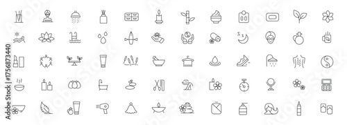 Beauty and spa icon set. Wellness, spa treatments, skin care, massage, hyaluronic acid, serum, anti ageing, pore tighten, cosmetology line icon collection. Cosmetics services & Spa icons