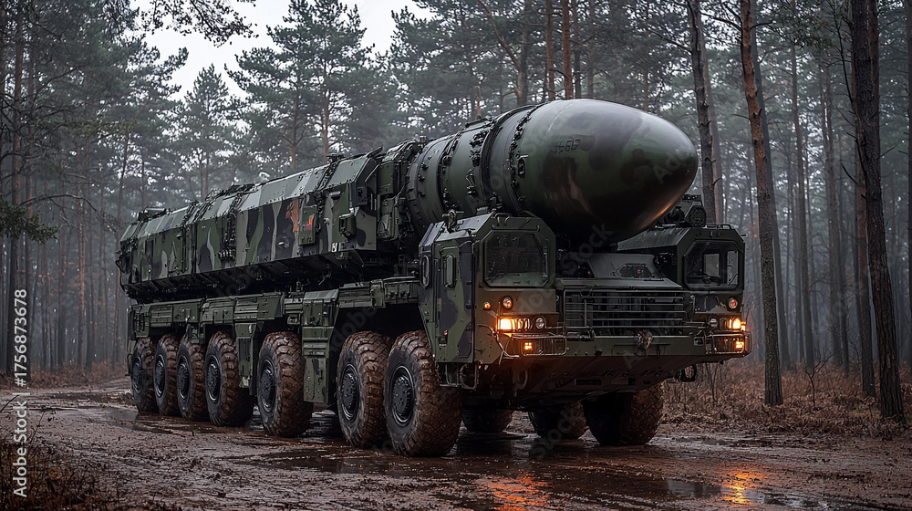 Fototapeta premium Mobile military missile launcher in forest setting Generative AI