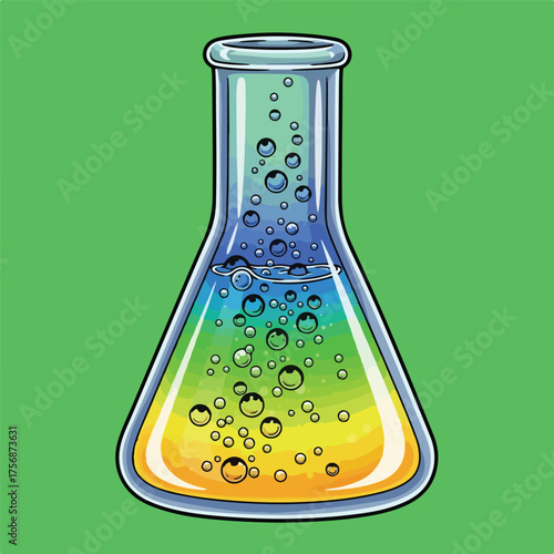 Erlenmeyer flask with colorful liquid and bubbles vector illustration for science and chemistry expe
