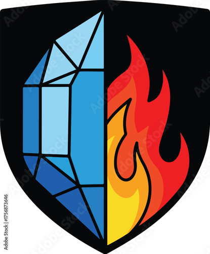 Ice and fire emblem vector illustration of opposing elements isolated on black shield