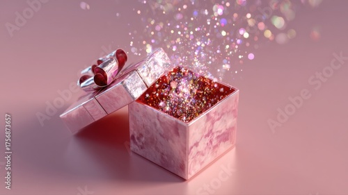 Surprise unfolds from a beautiful Valentines gift box with sparkling hearts on a soft pink surface