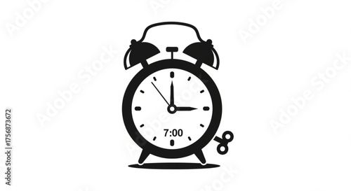 A classic alarm clock icon in black and white, showing the time at 700, representing punctuality and wakeup call