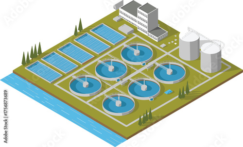 Modern wastewater treatment plant illustration, 3D isometric view, clean water facility, water purification system, eco-friendly industrial infrastructure concept