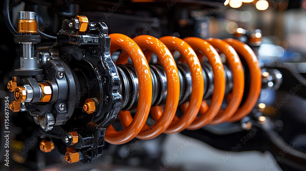 Obraz premium Detail of car suspension system featuring orange spring Generative AI