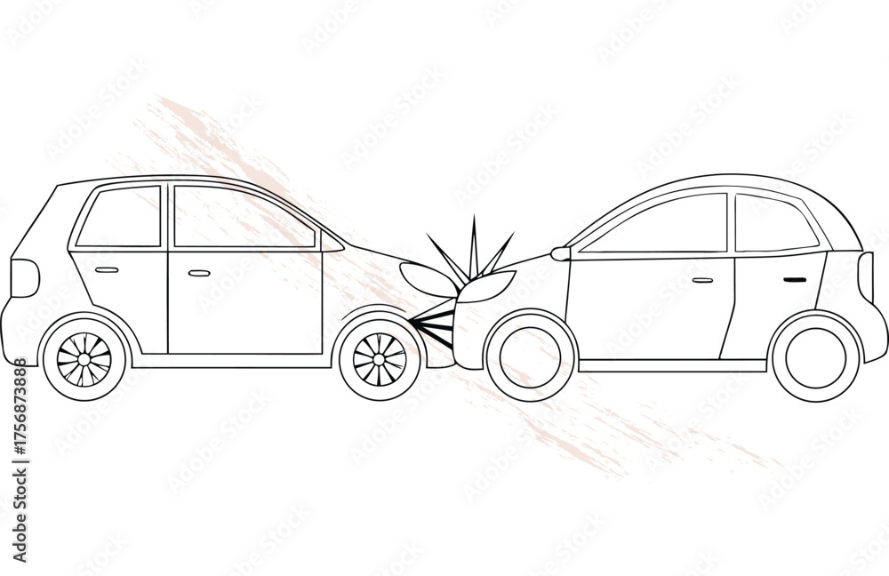 Naklejka premium Line art two compact cars in a rear end collision single line accident crash