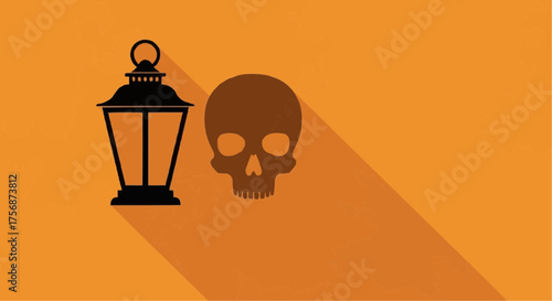 Halloween lantern and skull silhouette on orange background  