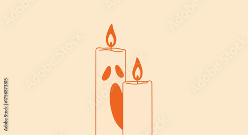Two orange candles with ghost faces on a pastel background  
