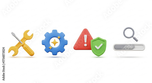 Collection of 3d maintenance icons, featuring tools, settings, security, and progress, ideal for illustrating technical support and system optimization