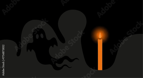 Ghost silhouette with flickering candle on dark background  