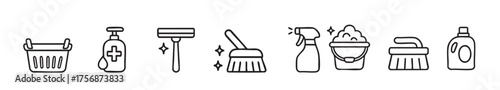 Black outline of cleaning tools and supplies set including spray bottle, mop, gloves, brush and other, isolated on white background. household chores, cleanliness, home maintenance, icon collection