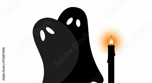 Two playful ghosts next to a flickering candle on white background  