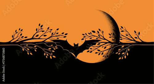Bat silhouette flying over crescent moon and tree branches at night  