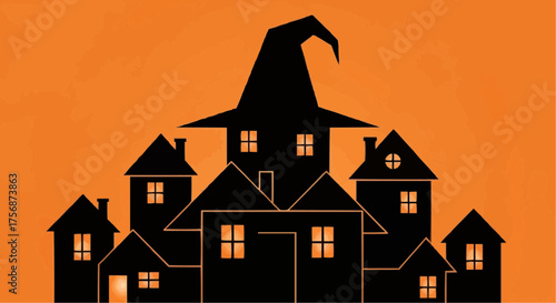 Spooky haunted house silhouette with witch hat on orange background  