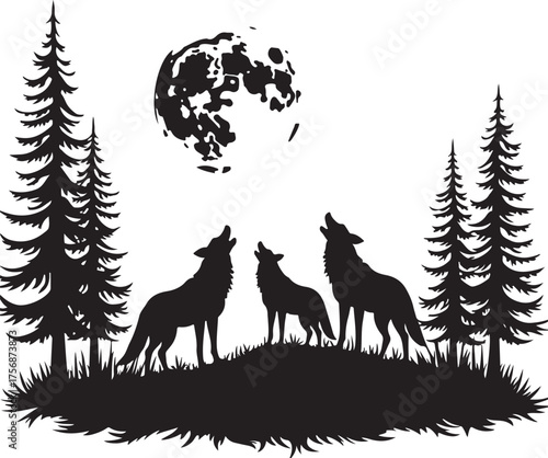 Three wolves howling at a full moon silhouette wolf