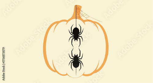 Black spiders crawling on a carved orange pumpkin for Halloween  