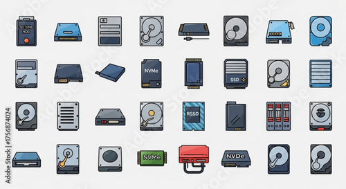 Collection of hard drive icons representing data storage devices, depicting various types of hard drives and storage solutions