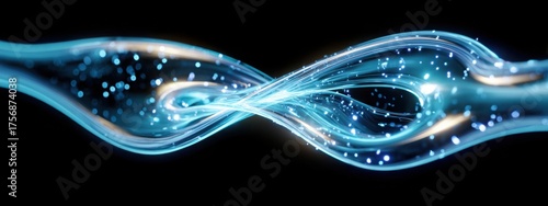 Glowing filaments unite into a radiant stream of energy in a dark space