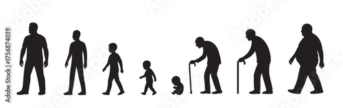 Black silhouette icon set of male life stages from fetus to elderly including baby, toddler, child, teenager, adult man, middle aged, senior person. human aging process, life cycle evolution, lifetime
