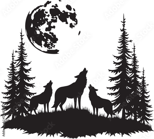 Three wolves howling at full moon silhouette forest