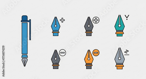 Illustration of various pen tool icons, including a fountain pen and different nib styles, , representing design and creativity