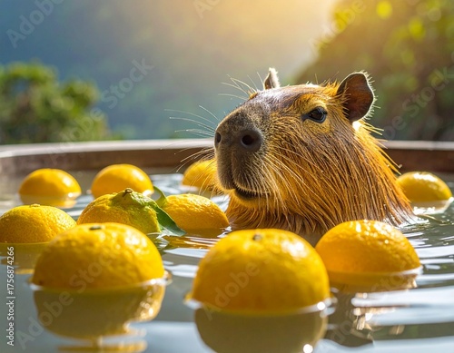 柚子風呂で温まるカピバラ