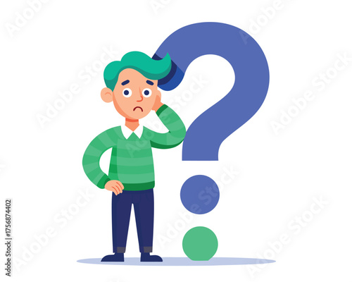 Illustration of a confused man with a question mark, symbolizing uncertainty and problemsolving isolated on white background