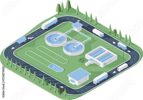 Isometric illustration of modern wastewater treatment plant facility with circular settling tanks, clean water process system, green environment, and transport trucks