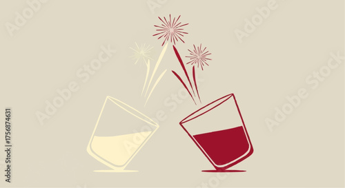 White and red glasses clinking with flowers on beige background  