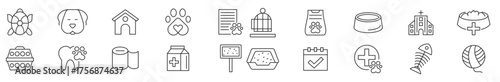 Animal Veterinery line icon set. Pet services, pet, care, veterinary, vet, healthcare, dogfood, rabbit, parrot, fish, food, water, collar, toy, bath line icon set. UI thin line icon pack.
