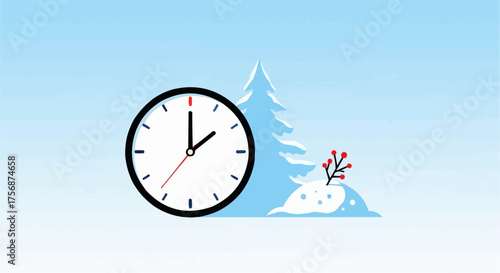 Clock beside snow-covered tree and red berries in winter scene  