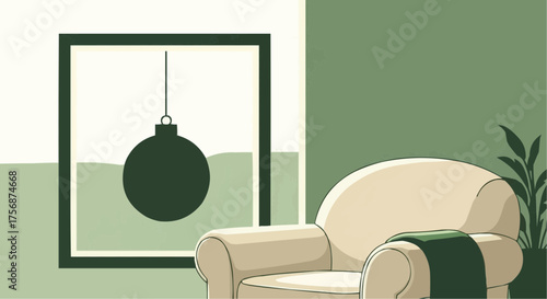 Cozy living room with green accents and decorative lamp illustration  